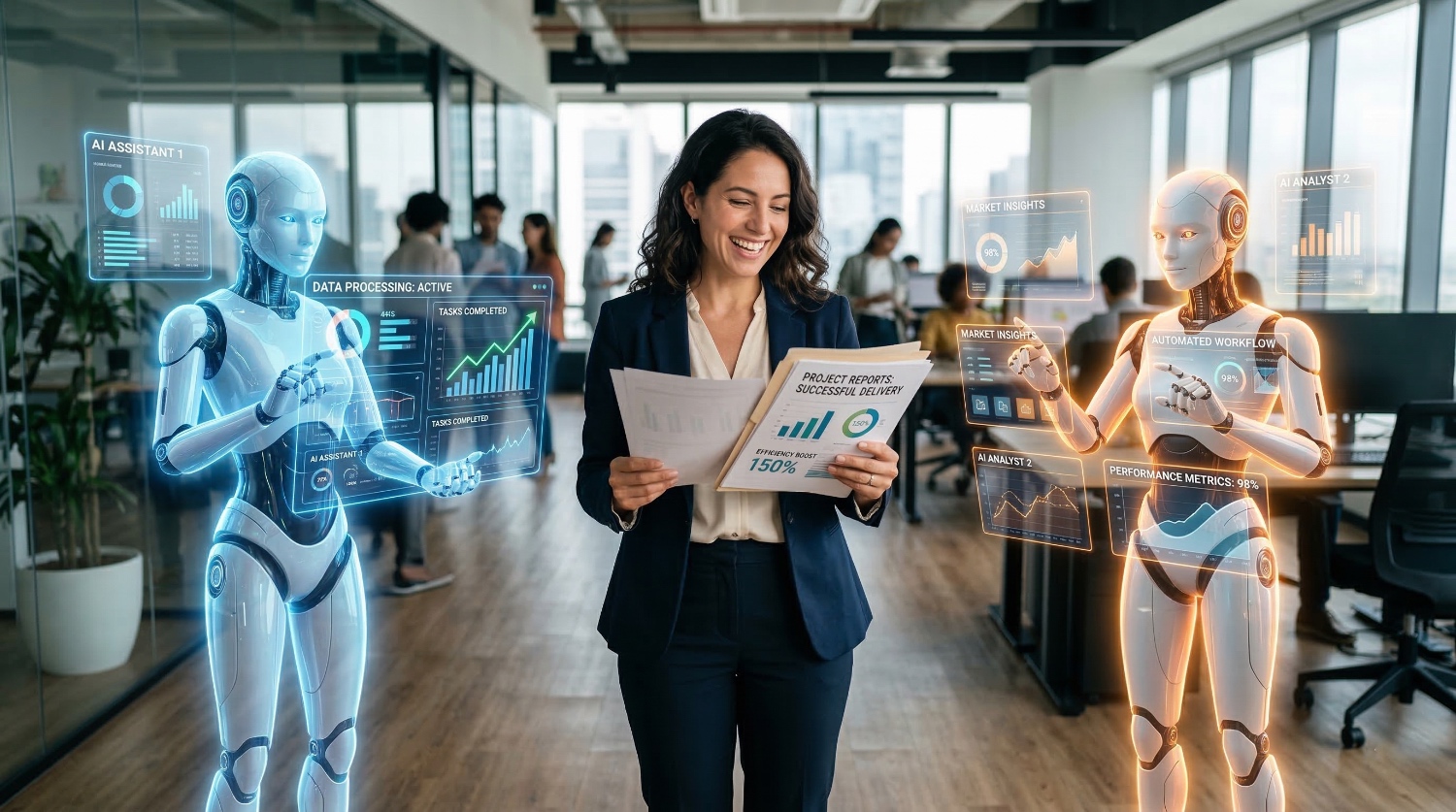 Happy professional working with AI agents that boost efficiency and automate workflows